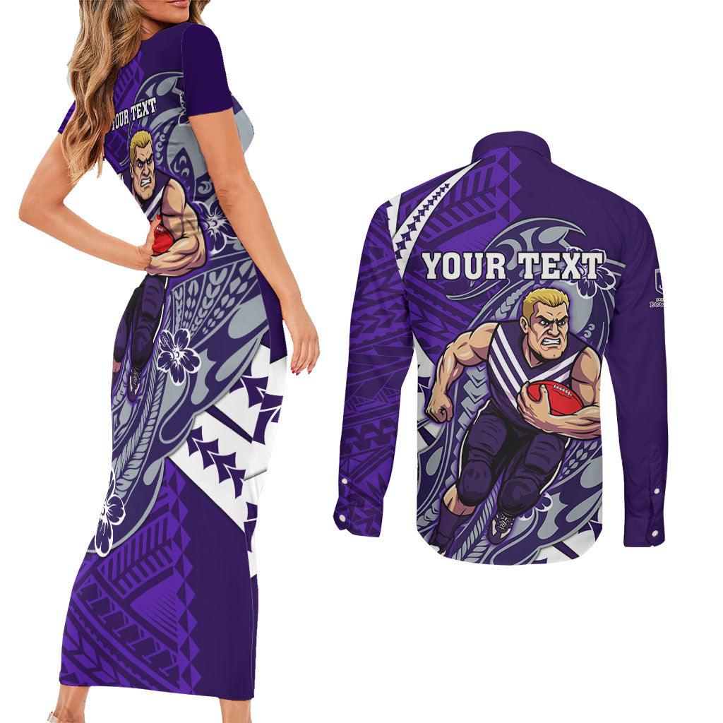 Personalized Fremantle Dockers Couples Matching Short Sleeve Bodycon Dress and Long Sleeve Button Shirt Polynesian Tribal Freo Mascot With Hibiscus Floral Art