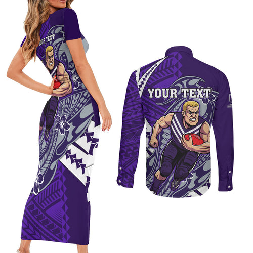 Personalized Fremantle Dockers Couples Matching Short Sleeve Bodycon Dress and Long Sleeve Button Shirt Polynesian Tribal Freo Mascot With Hibiscus Floral Art