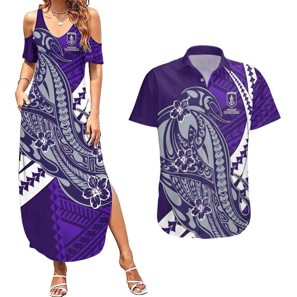 Personalized Fremantle Dockers Couples Matching Summer Maxi Dress and Hawaiian Shirt Polynesian Tribal Freo Mascot With Hibiscus Floral Art