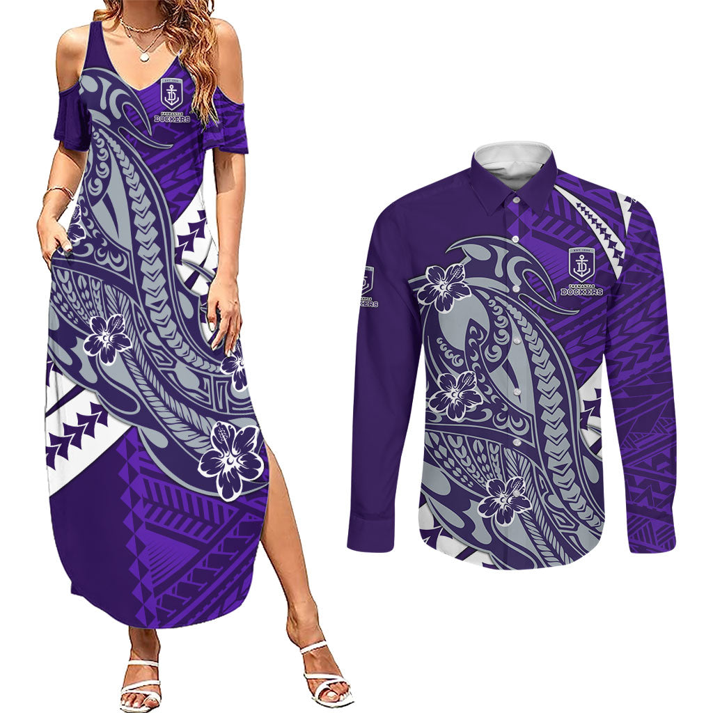 Personalized Fremantle Dockers Couples Matching Summer Maxi Dress and Long Sleeve Button Shirt Polynesian Tribal Freo Mascot With Hibiscus Floral Art