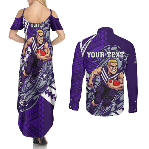 Personalized Fremantle Dockers Couples Matching Summer Maxi Dress and Long Sleeve Button Shirt Polynesian Tribal Freo Mascot With Hibiscus Floral Art