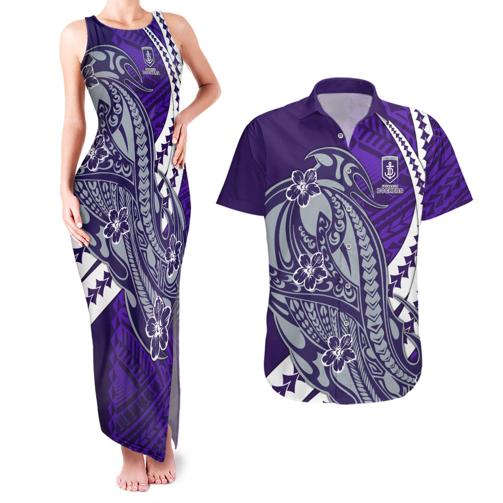 Personalized Fremantle Dockers Couples Matching Tank Maxi Dress and Hawaiian Shirt Polynesian Tribal Freo Mascot With Hibiscus Floral Art