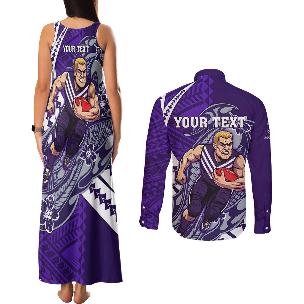 Personalized Fremantle Dockers Couples Matching Tank Maxi Dress and Long Sleeve Button Shirt Polynesian Tribal Freo Mascot With Hibiscus Floral Art