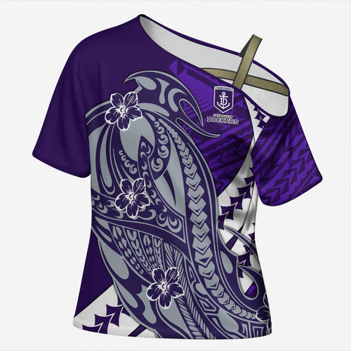 Personalized Fremantle Dockers Cross Shoulder Shirt Polynesian Tribal Freo Mascot With Hibiscus Floral Art