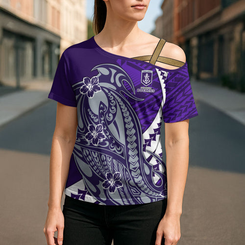 Personalized Fremantle Dockers Cross Shoulder Shirt Polynesian Tribal Freo Mascot With Hibiscus Floral Art