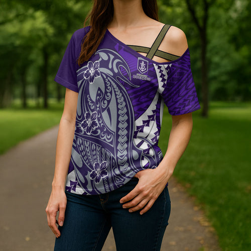 Personalized Fremantle Dockers Cross Shoulder Shirt Polynesian Tribal Freo Mascot With Hibiscus Floral Art