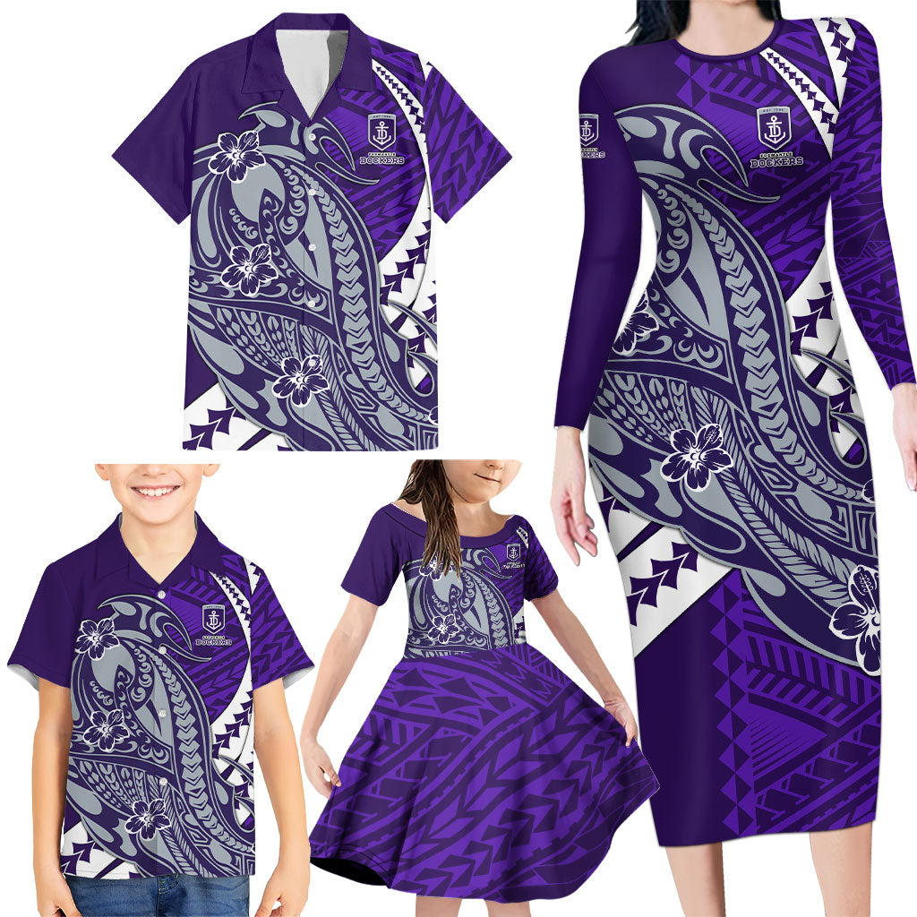 Personalized Fremantle Dockers Family Matching Long Sleeve Bodycon Dress and Hawaiian Shirt Polynesian Tribal Freo Mascot With Hibiscus Floral Art