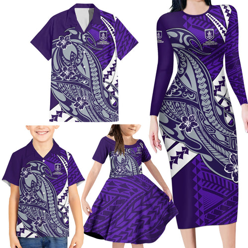 Personalized Fremantle Dockers Family Matching Long Sleeve Bodycon Dress and Hawaiian Shirt Polynesian Tribal Freo Mascot With Hibiscus Floral Art