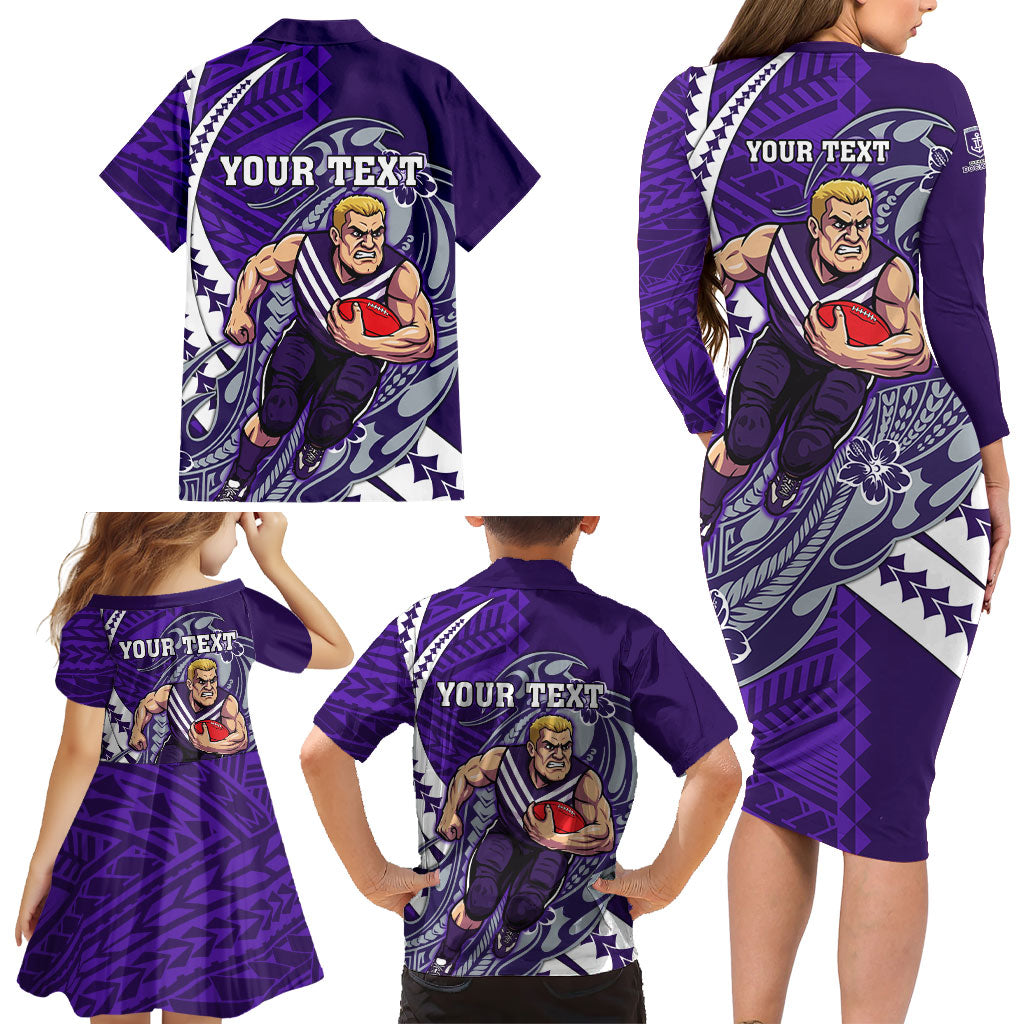 Personalized Fremantle Dockers Family Matching Long Sleeve Bodycon Dress and Hawaiian Shirt Polynesian Tribal Freo Mascot With Hibiscus Floral Art