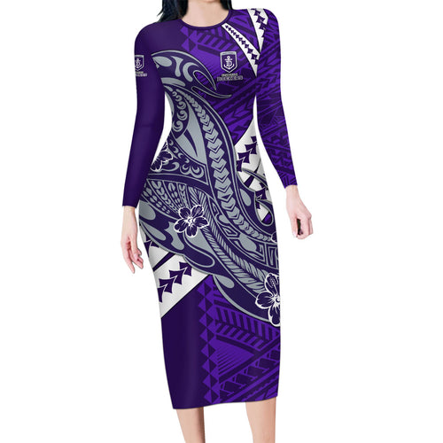 Personalized Fremantle Dockers Family Matching Long Sleeve Bodycon Dress and Hawaiian Shirt Polynesian Tribal Freo Mascot With Hibiscus Floral Art