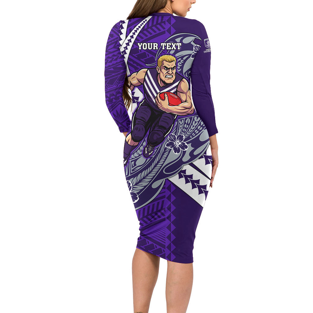 Personalized Fremantle Dockers Family Matching Long Sleeve Bodycon Dress and Hawaiian Shirt Polynesian Tribal Freo Mascot With Hibiscus Floral Art