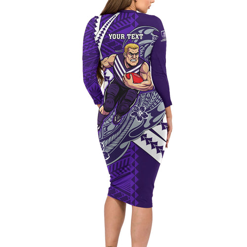 Personalized Fremantle Dockers Family Matching Long Sleeve Bodycon Dress and Hawaiian Shirt Polynesian Tribal Freo Mascot With Hibiscus Floral Art