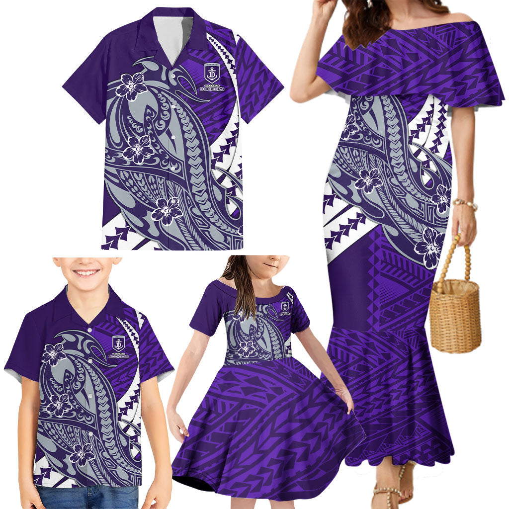 Personalized Fremantle Dockers Family Matching Mermaid Dress and Hawaiian Shirt Polynesian Tribal Freo Mascot With Hibiscus Floral Art