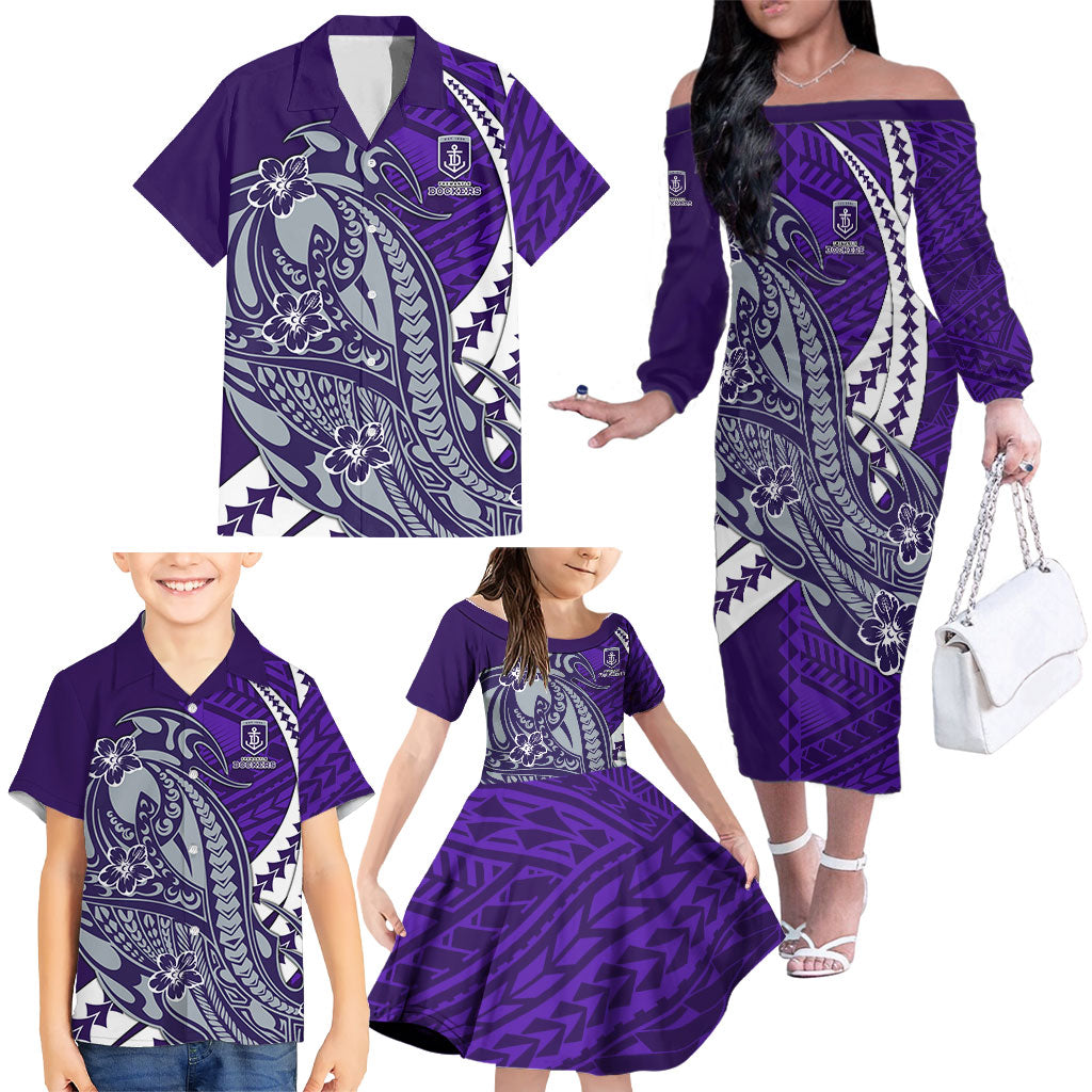 Personalized Fremantle Dockers Family Matching Off The Shoulder Long Sleeve Dress and Hawaiian Shirt Polynesian Tribal Freo Mascot With Hibiscus Floral Art
