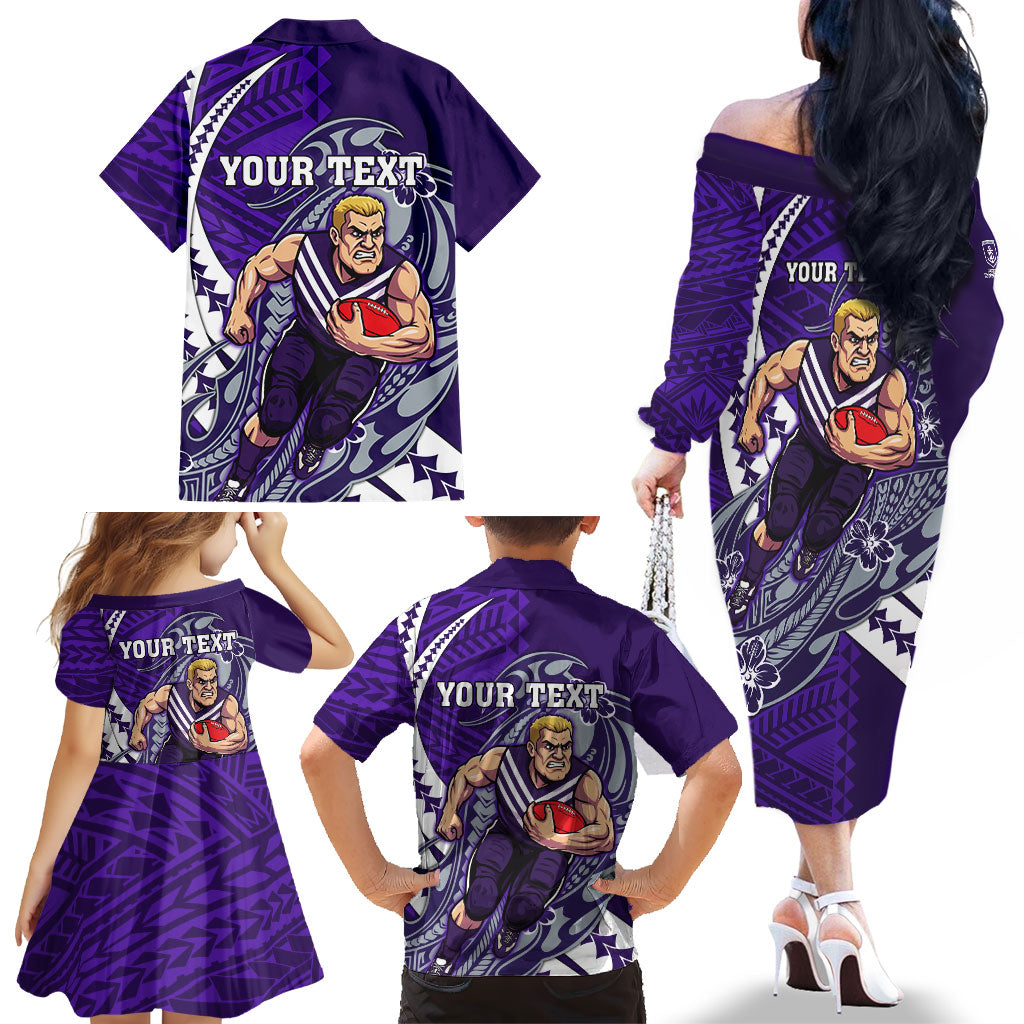 Personalized Fremantle Dockers Family Matching Off The Shoulder Long Sleeve Dress and Hawaiian Shirt Polynesian Tribal Freo Mascot With Hibiscus Floral Art