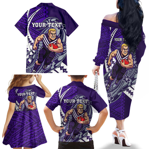 Personalized Fremantle Dockers Family Matching Off The Shoulder Long Sleeve Dress and Hawaiian Shirt Polynesian Tribal Freo Mascot With Hibiscus Floral Art