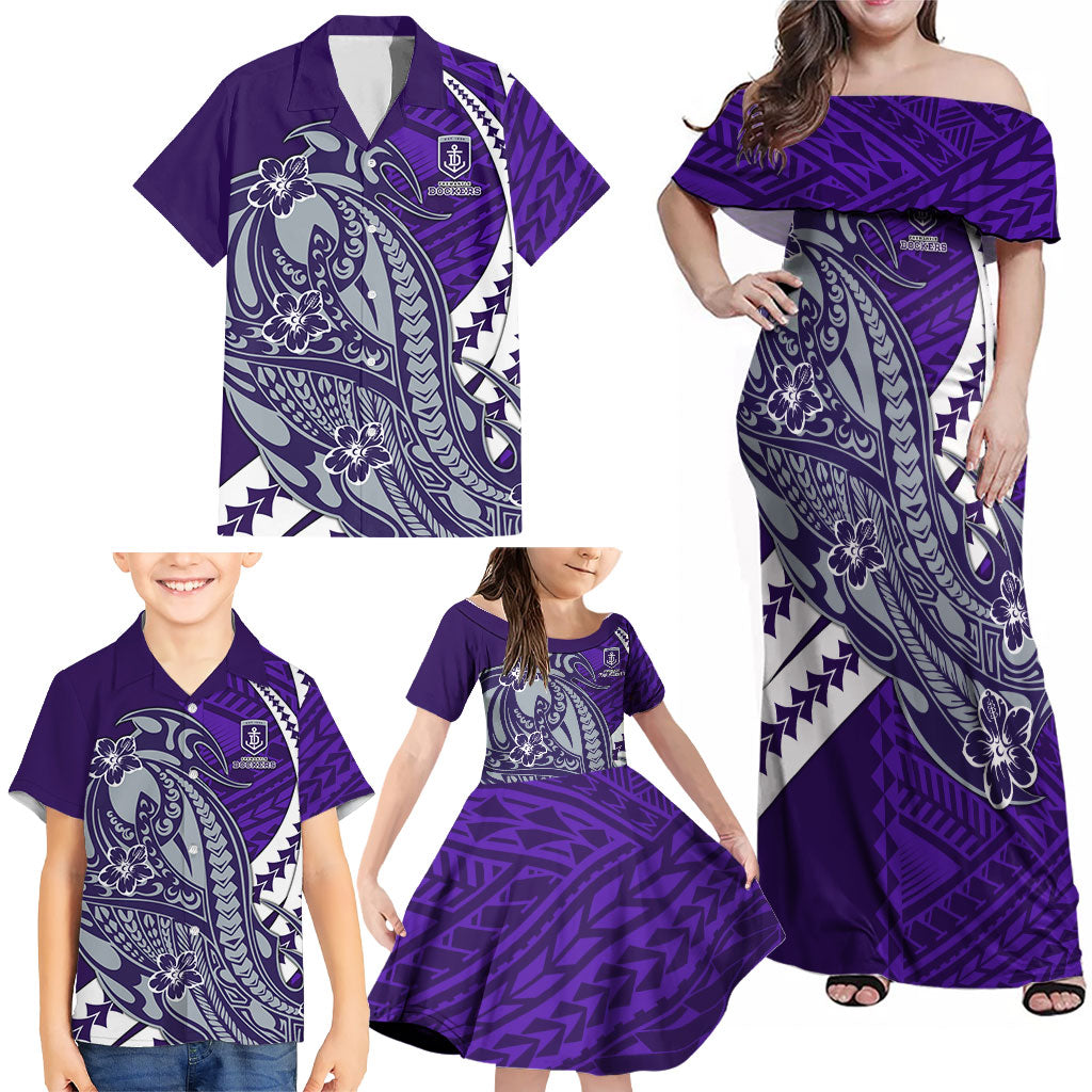 Personalized Fremantle Dockers Family Matching Off Shoulder Maxi Dress and Hawaiian Shirt Polynesian Tribal Freo Mascot With Hibiscus Floral Art