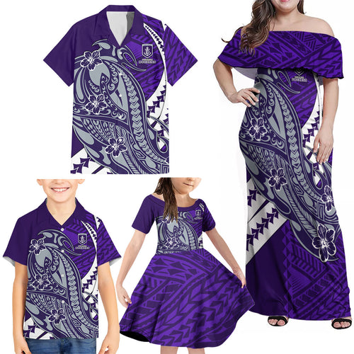 Personalized Fremantle Dockers Family Matching Off Shoulder Maxi Dress and Hawaiian Shirt Polynesian Tribal Freo Mascot With Hibiscus Floral Art