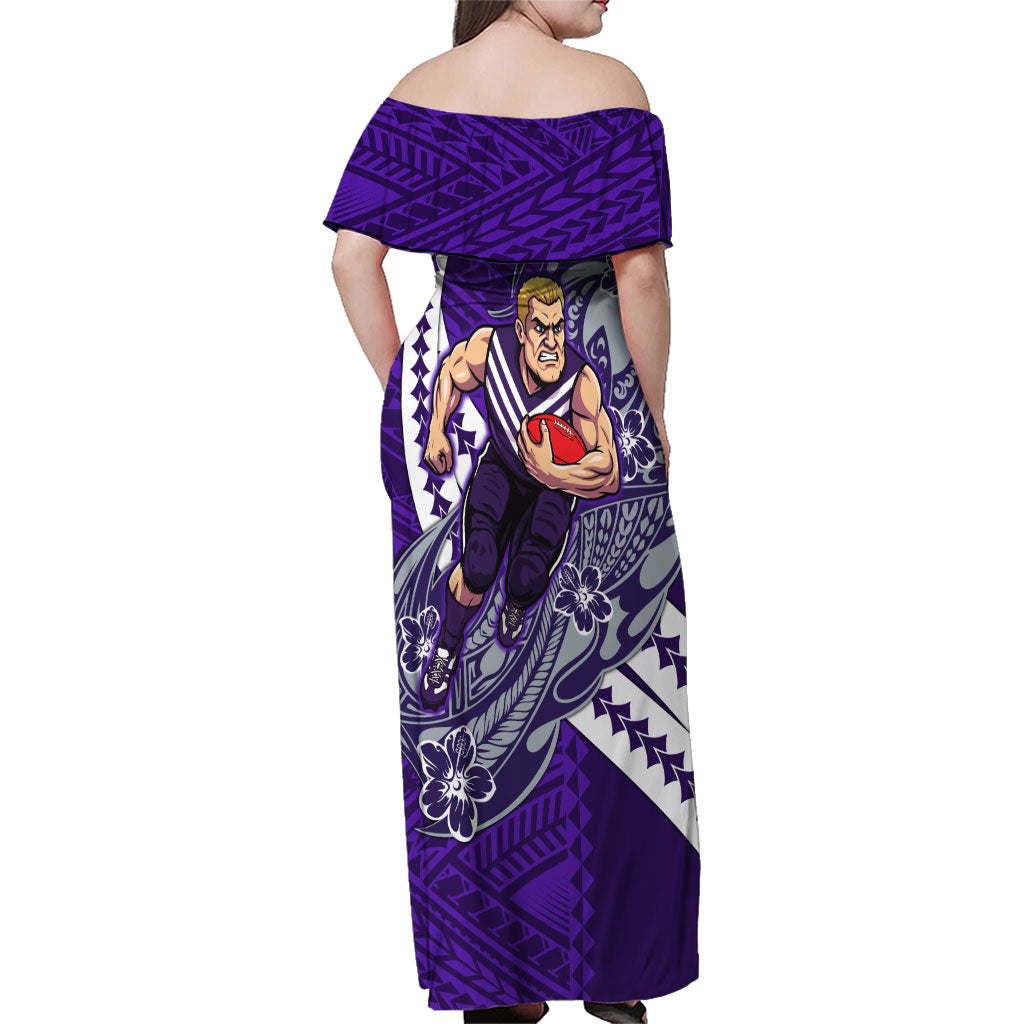Personalized Fremantle Dockers Family Matching Off Shoulder Maxi Dress and Hawaiian Shirt Polynesian Tribal Freo Mascot With Hibiscus Floral Art