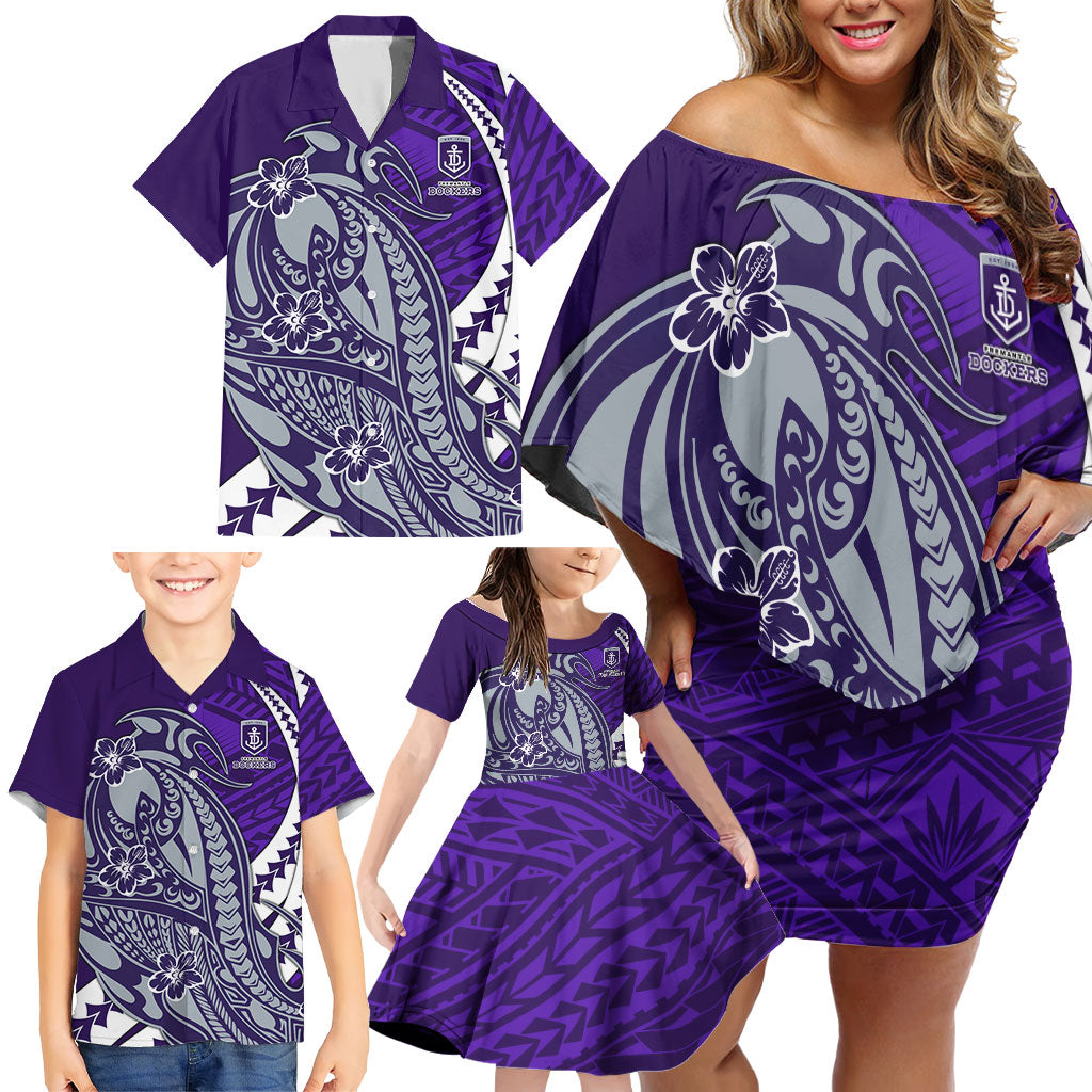 Personalized Fremantle Dockers Family Matching Off Shoulder Short Dress and Hawaiian Shirt Polynesian Tribal Freo Mascot With Hibiscus Floral Art