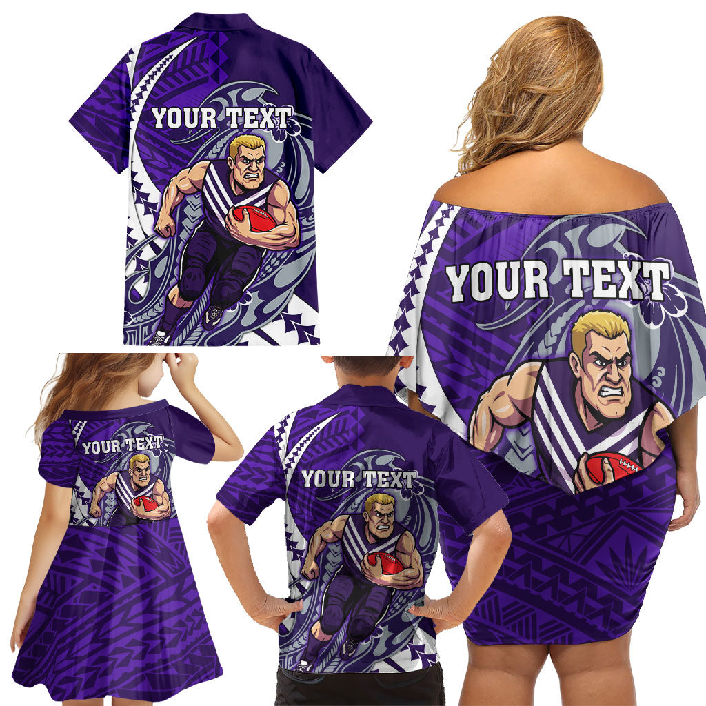 Personalized Fremantle Dockers Family Matching Off Shoulder Short Dress and Hawaiian Shirt Polynesian Tribal Freo Mascot With Hibiscus Floral Art