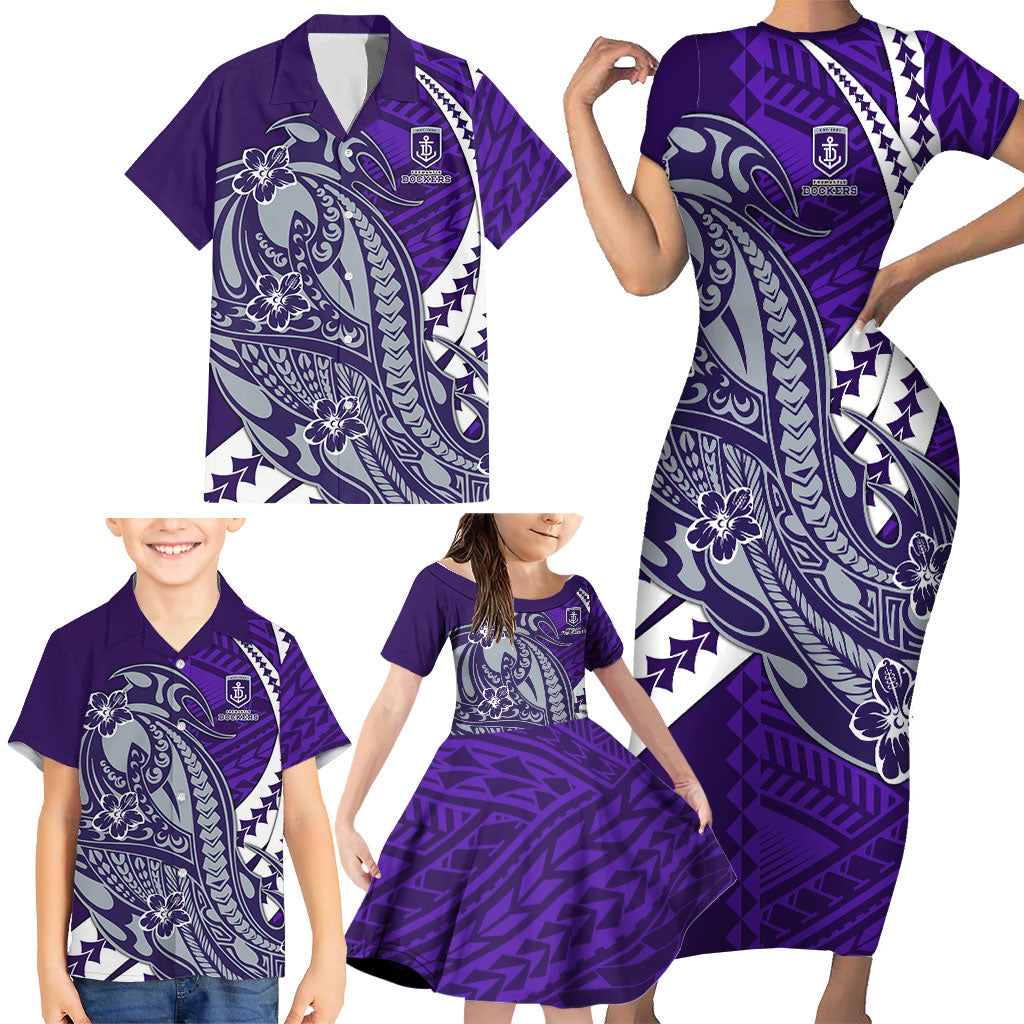 Personalized Fremantle Dockers Family Matching Short Sleeve Bodycon Dress and Hawaiian Shirt Polynesian Tribal Freo Mascot With Hibiscus Floral Art