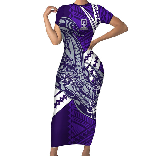 Personalized Fremantle Dockers Family Matching Short Sleeve Bodycon Dress and Hawaiian Shirt Polynesian Tribal Freo Mascot With Hibiscus Floral Art
