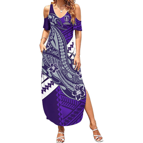 Personalized Fremantle Dockers Family Matching Summer Maxi Dress and Hawaiian Shirt Polynesian Tribal Freo Mascot With Hibiscus Floral Art