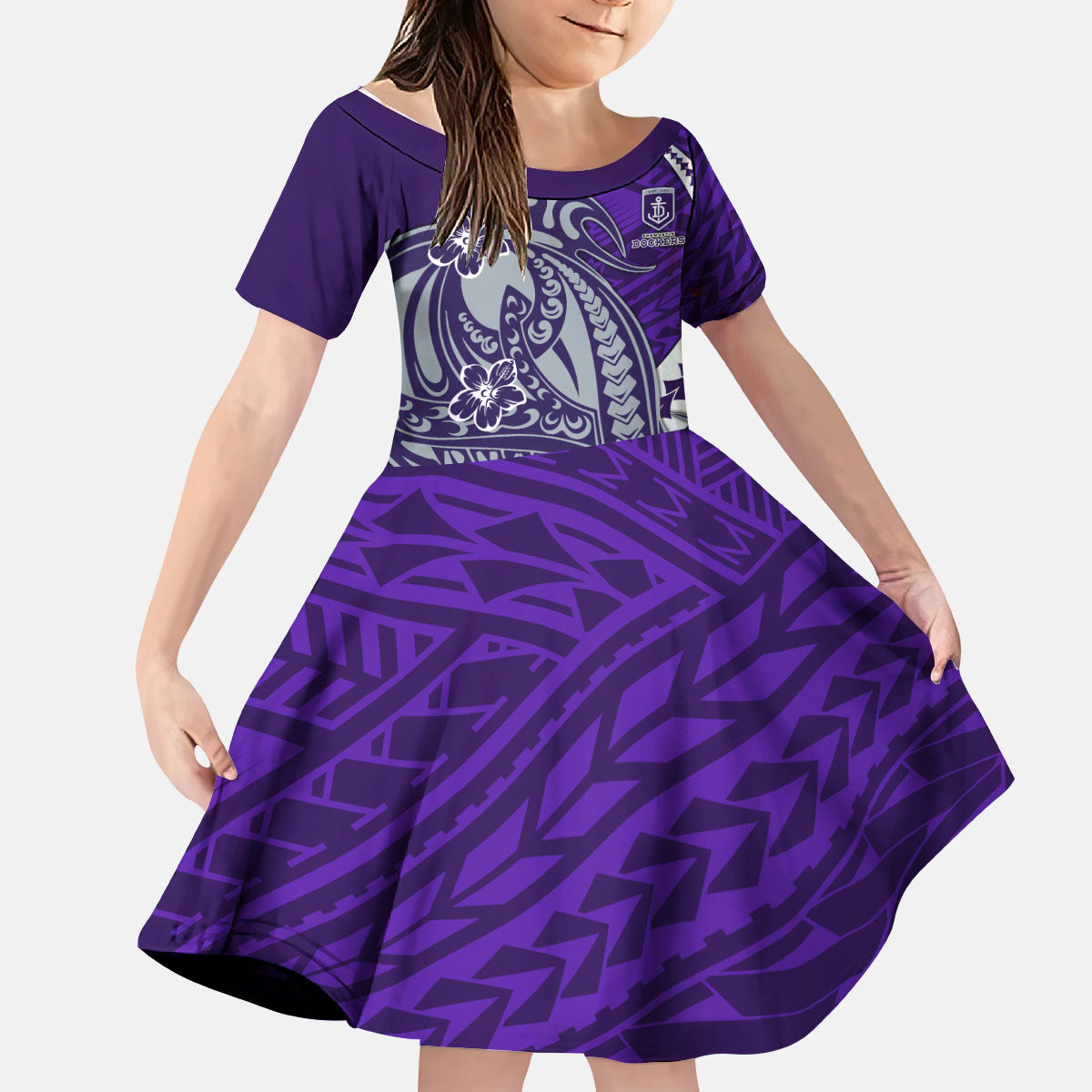 Personalized Fremantle Dockers Kid Short Sleeve Dress Polynesian Tribal Freo Mascot With Hibiscus Floral Art
