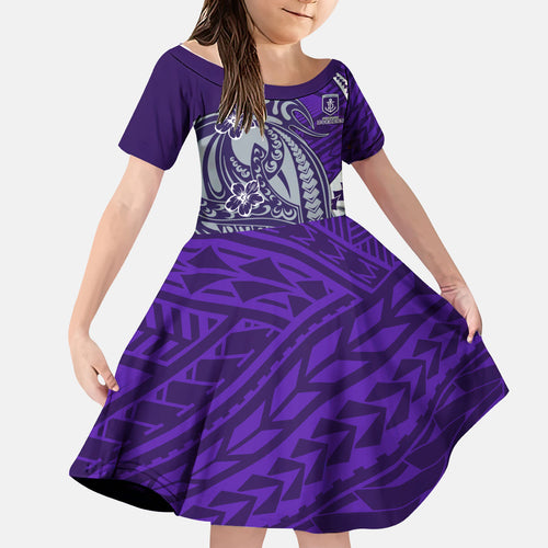 Personalized Fremantle Dockers Kid Short Sleeve Dress Polynesian Tribal Freo Mascot With Hibiscus Floral Art