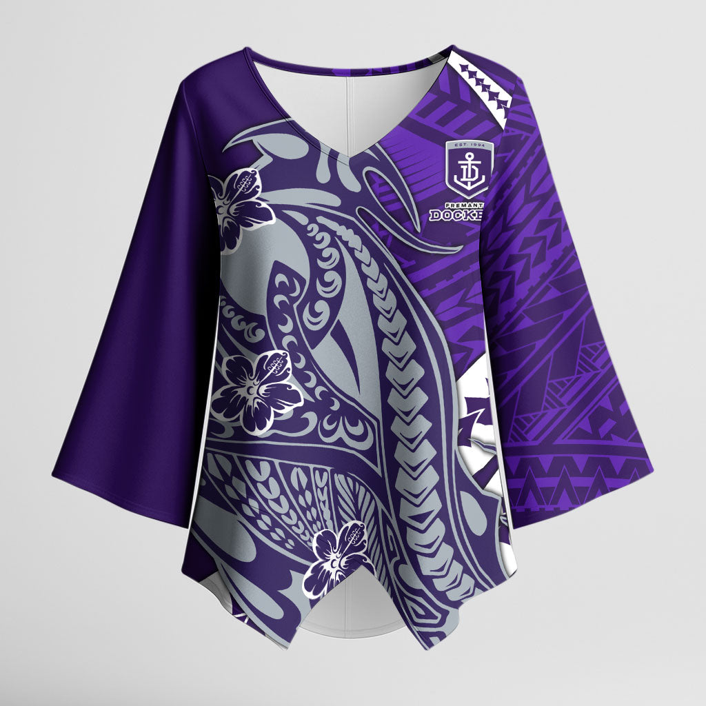 Personalized Fremantle Dockers Kimono Sleeve Blouse Polynesian Tribal Freo Mascot With Hibiscus Floral Art