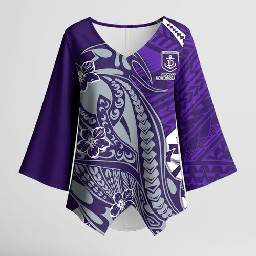 Personalized Fremantle Dockers Kimono Sleeve Blouse Polynesian Tribal Freo Mascot With Hibiscus Floral Art