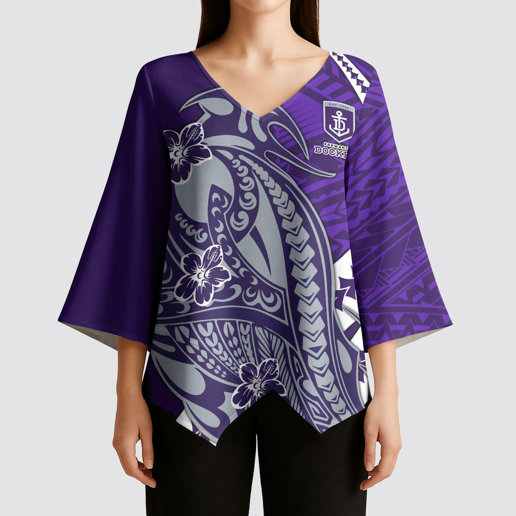 Personalized Fremantle Dockers Kimono Sleeve Blouse Polynesian Tribal Freo Mascot With Hibiscus Floral Art