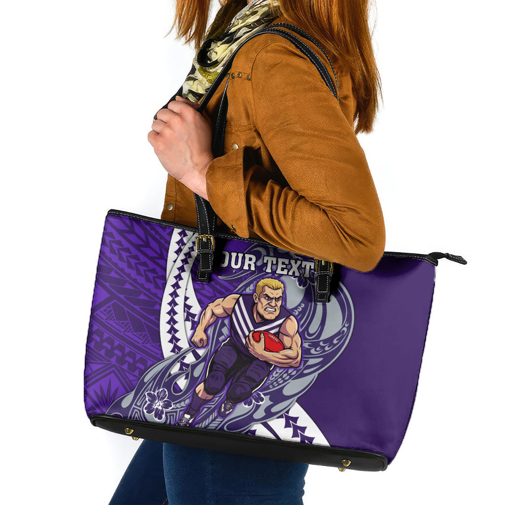 Personalized Fremantle Dockers Leather Tote Bag Polynesian Tribal Freo Mascot With Hibiscus Floral Art