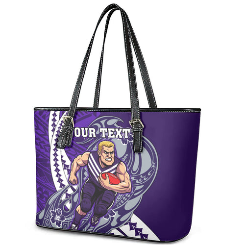 Personalized Fremantle Dockers Leather Tote Bag Polynesian Tribal Freo Mascot With Hibiscus Floral Art