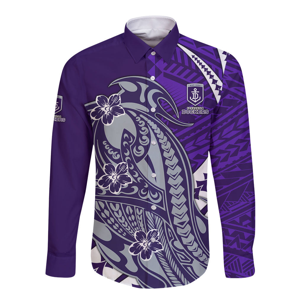 Personalized Fremantle Dockers Long Sleeve Button Shirt Polynesian Tribal Freo Mascot With Hibiscus Floral Art