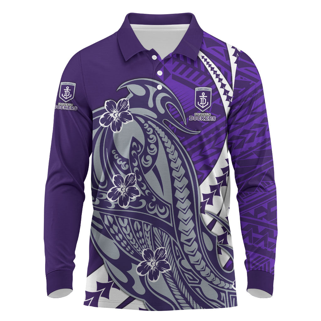 Personalized Fremantle Dockers Long Sleeve Polo Shirt Polynesian Tribal Freo Mascot With Hibiscus Floral Art