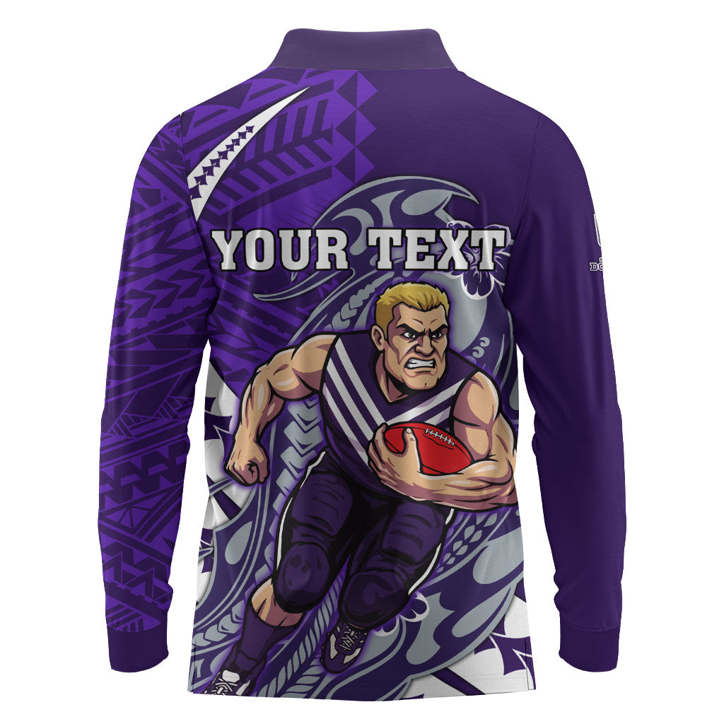 Personalized Fremantle Dockers Long Sleeve Polo Shirt Polynesian Tribal Freo Mascot With Hibiscus Floral Art