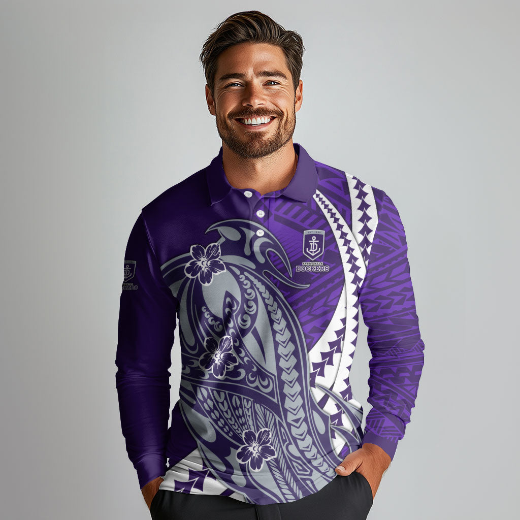 Personalized Fremantle Dockers Long Sleeve Polo Shirt Polynesian Tribal Freo Mascot With Hibiscus Floral Art