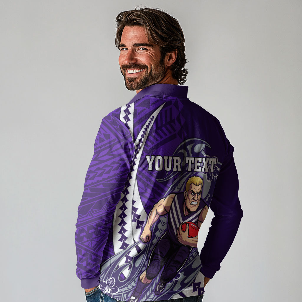 Personalized Fremantle Dockers Long Sleeve Polo Shirt Polynesian Tribal Freo Mascot With Hibiscus Floral Art