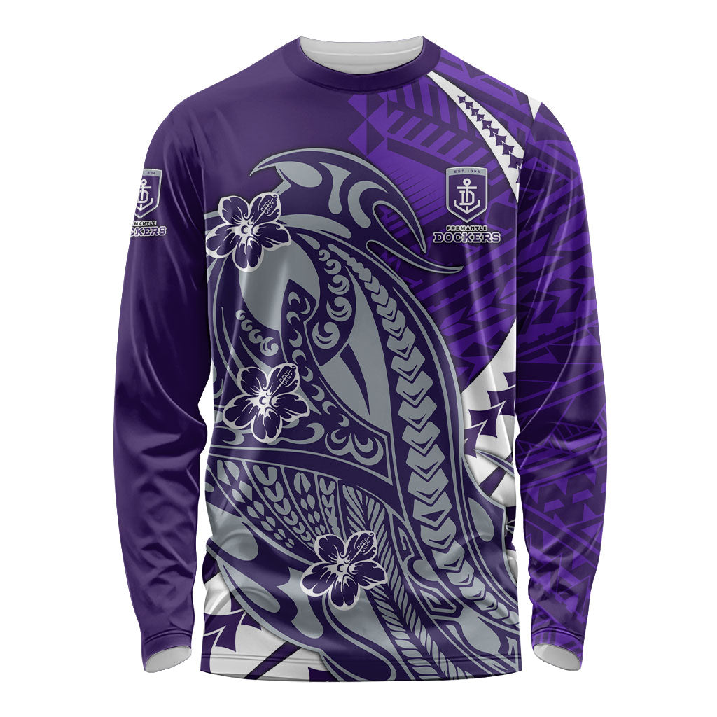 Personalized Fremantle Dockers Long Sleeve Shirt Polynesian Tribal Freo Mascot With Hibiscus Floral Art