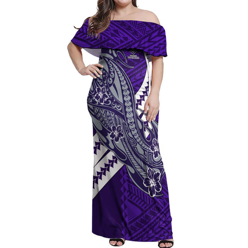 Personalized Fremantle Dockers Off Shoulder Maxi Dress Polynesian Tribal Freo Mascot With Hibiscus Floral Art