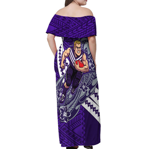Personalized Fremantle Dockers Off Shoulder Maxi Dress Polynesian Tribal Freo Mascot With Hibiscus Floral Art