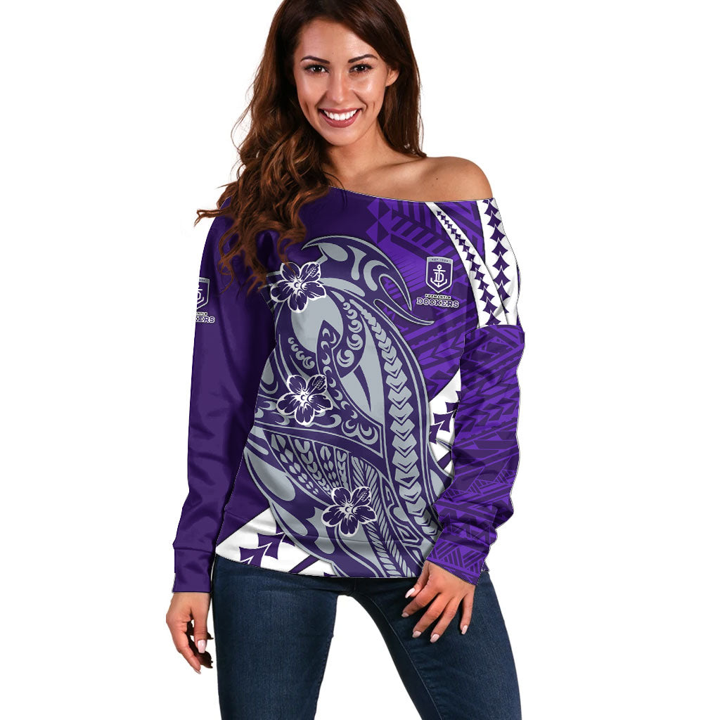 Personalized Fremantle Dockers Off Shoulder Sweater Polynesian Tribal Freo Mascot With Hibiscus Floral Art
