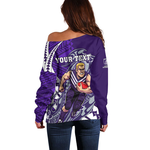 Personalized Fremantle Dockers Off Shoulder Sweater Polynesian Tribal Freo Mascot With Hibiscus Floral Art
