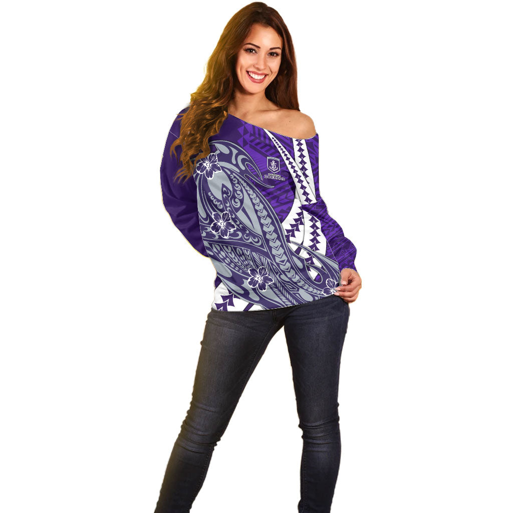 Personalized Fremantle Dockers Off Shoulder Sweater Polynesian Tribal Freo Mascot With Hibiscus Floral Art
