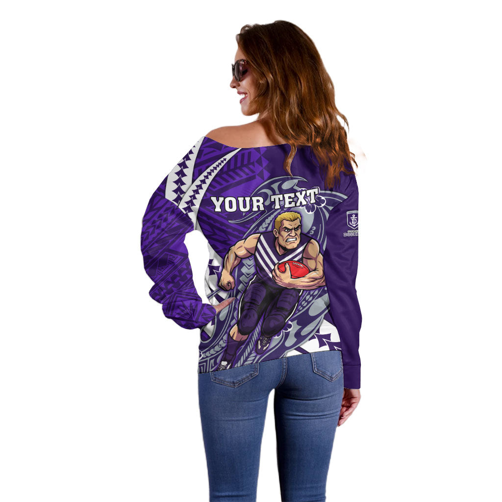 Personalized Fremantle Dockers Off Shoulder Sweater Polynesian Tribal Freo Mascot With Hibiscus Floral Art