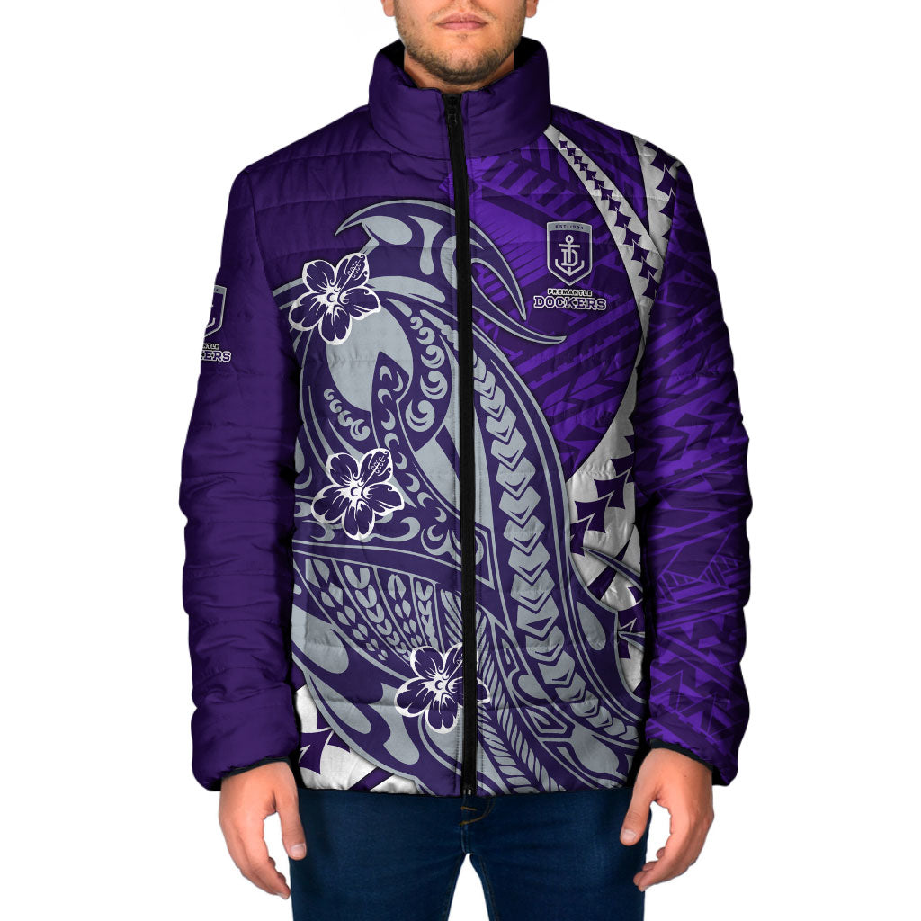 Personalized Fremantle Dockers Padded Jacket Polynesian Tribal Freo Mascot With Hibiscus Floral Art