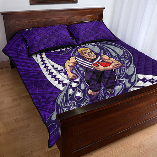 Personalized Fremantle Dockers Quilt Bed Set Polynesian Tribal Freo Mascot With Hibiscus Floral Art
