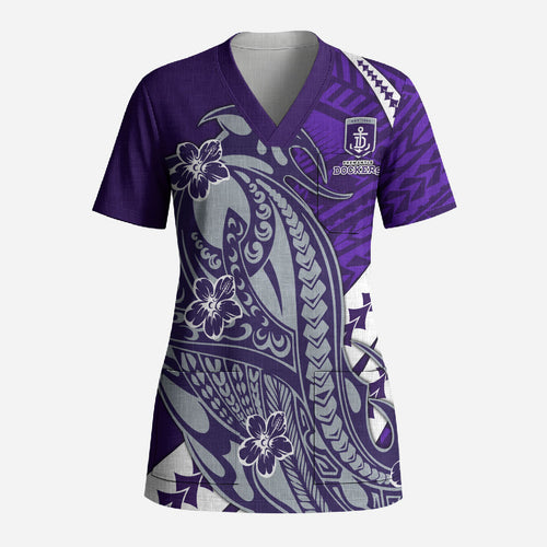 Personalized Fremantle Dockers Scrub Top Polynesian Tribal Freo Mascot With Hibiscus Floral Art
